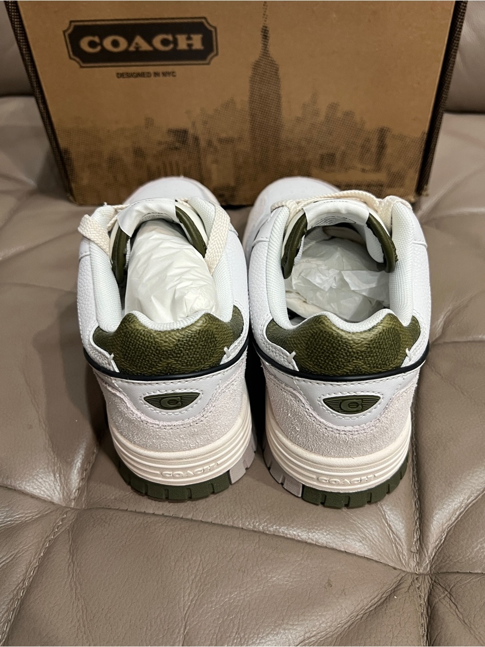Coach White Sneakers with Olive Green Accents,Women Size:8 - Picture 4 of 8